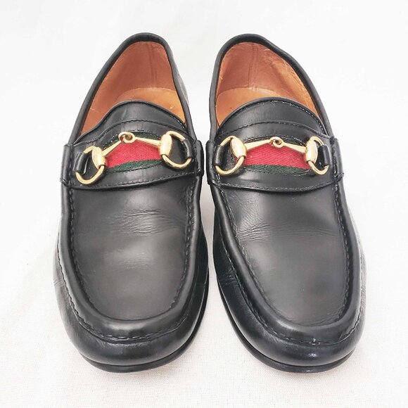 Vintage Gucci  Men’s Black Leather Gold Horsebit Loafers Shoes Green Red 41 M main image 8